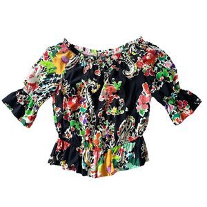 Ralph Lauren Boho On Off‎ Shoulder Top Peplum Black Floral Vibrant Preppy Small